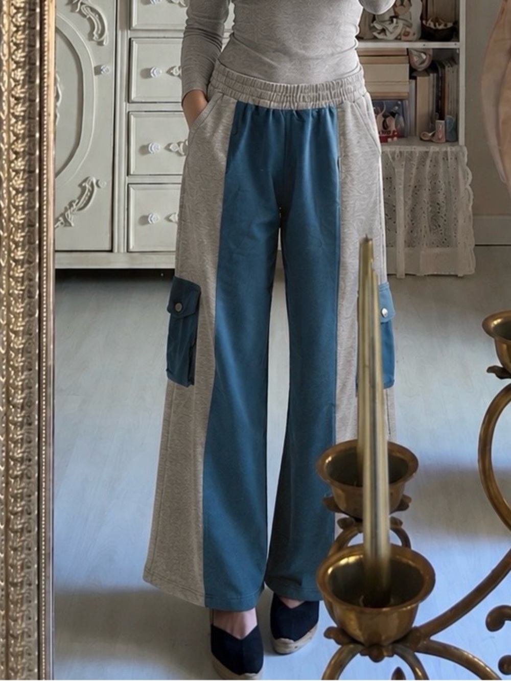 SHEIN Blue and Gray Colorblock Wide Leg Joggers